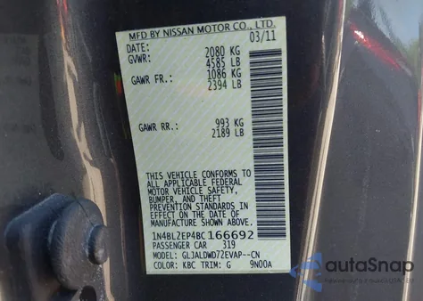 2011 Nissan Altima 3.5 Sr z USA, uszkodzony, nr VIN 1N4BL2EP4BC166692